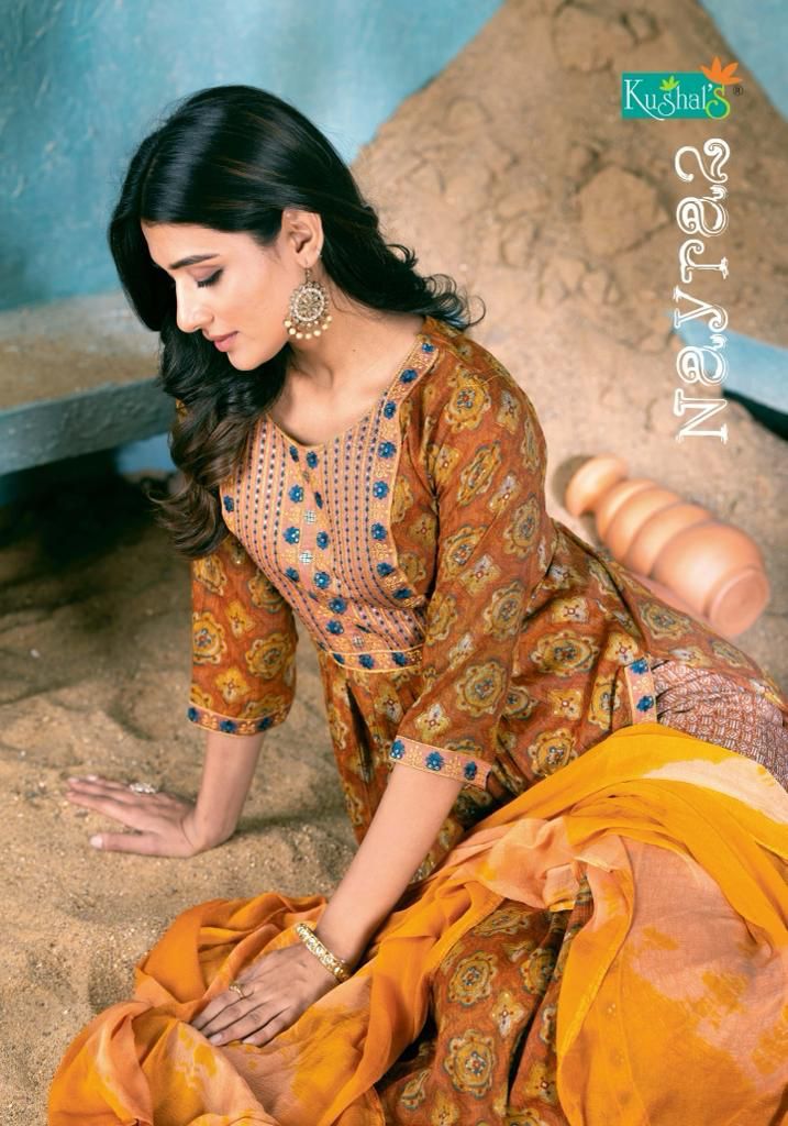 Nayra 2 By Kushals Rayon Printed Naira Cut Kurti With Bottom Dupatta
